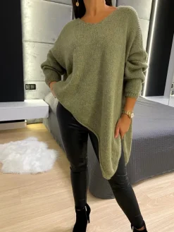 Khaki Asymetryczny Sweterek 11752-349-E|Modna Kiecka Fashion