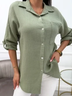 Khaki Bawełniana Koszula z Kieszonką 13884-236-B|Modna Kiecka Clearance