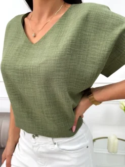 Khaki Bluzeczka z Dekoltem V 13666-03-C|Modna Kiecka Best