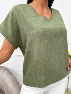 Khaki Bluzeczka z Dekoltem V 13666-03-C|Modna Kiecka Best