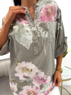 Khaki Bluzka w Kwiaty z Ozdobną Kieszonką 13860-515-A|Modna Kiecka Best