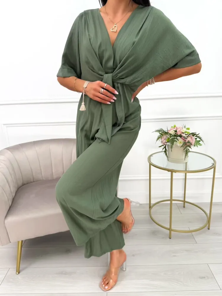 Khaki Kombinezon z Wiązaniem 14050-216-C|Modna Kiecka Outlet