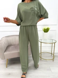 Khaki Komplet Bluzka + Spodnie 13937-295-C|Modna Kiecka Sale