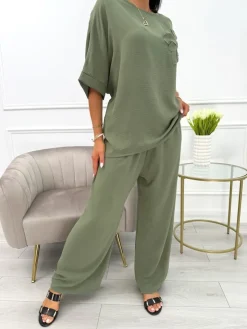 Khaki Komplet Bluzka + Spodnie 13937-295-C|Modna Kiecka Sale