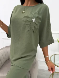 Khaki Komplet Bluzka + Spodnie 13937-295-C|Modna Kiecka Sale
