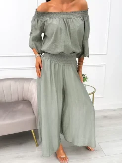 Khaki Komplet Bluzka + Szerokie Spodnie 14104-427-C|Modna Kiecka Discount