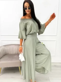 Khaki Komplet Bluzka + Szerokie Spodnie 14104-427-C|Modna Kiecka Discount
