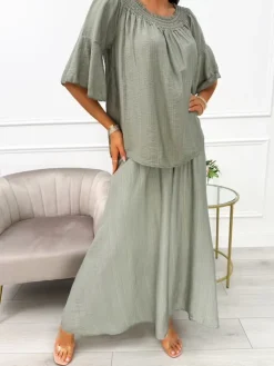 Khaki Komplet Bluzka + Szerokie Spodnie 14104-427-C|Modna Kiecka Discount
