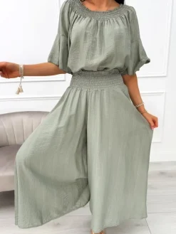 Khaki Komplet Bluzka + Szerokie Spodnie 14104-427-C|Modna Kiecka Discount