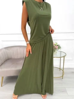 Khaki Komplet Bluzka + Szerokie Spodnie 14103-428-B|Modna Kiecka New