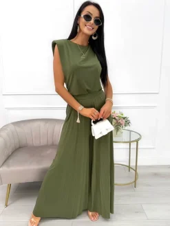 Khaki Komplet Bluzka + Szerokie Spodnie 14103-428-B|Modna Kiecka New