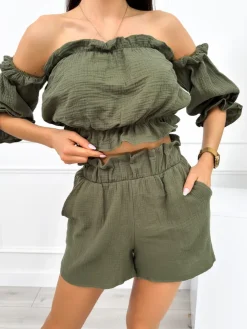 Khaki Komplet Crop Top + Spodenki 12534-414-C|Modna Kiecka Sale