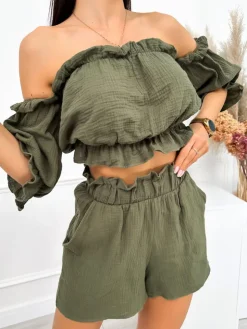 Khaki Komplet Crop Top + Spodenki 12534-414-C|Modna Kiecka Sale