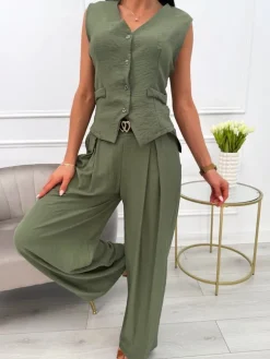 Khaki Komplet Kamizelka + Spodnie 13886-525-C|Modna Kiecka Sale