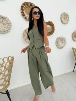 Khaki Komplet Kamizelka + Spodnie 13886-525-C|Modna Kiecka Sale