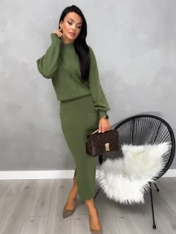 Khaki Komplet Sweterek + Spódnica 13147-211-E|Modna Kiecka Hot