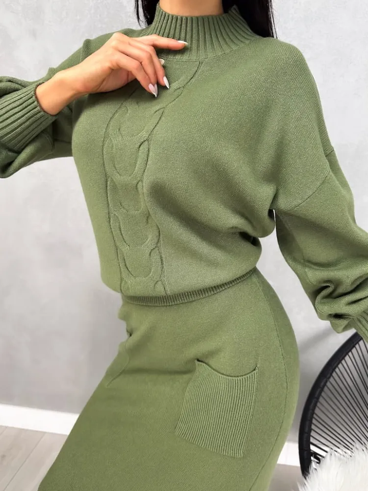 Khaki Komplet Sweterek + Spódnica 13147-211-E|Modna Kiecka Hot