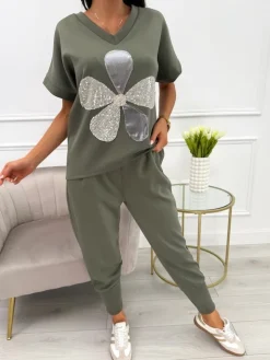 Khaki Komplet z Ozdobną Aplikacją 13714-93-E|Modna Kiecka Outlet