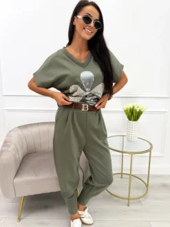 Khaki Komplet z Ozdobną Aplikacją 13714-93-E|Modna Kiecka Outlet