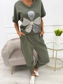 Khaki Komplet z Ozdobną Aplikacją 13714-93-E|Modna Kiecka Outlet