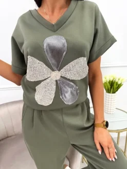 Khaki Komplet z Ozdobną Aplikacją 13714-93-E|Modna Kiecka Outlet