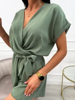 Khaki Krótki Kombinezon z Paskiem 13898-341-D|Modna Kiecka Hot