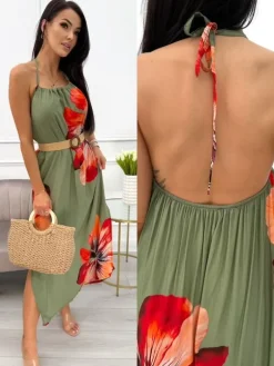 Khaki Letnia Sukienka z Motywem Kwiatowym 13993-353-D|Modna Kiecka Online