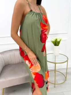 Khaki Letnia Sukienka z Motywem Kwiatowym 13993-353-D|Modna Kiecka Online
