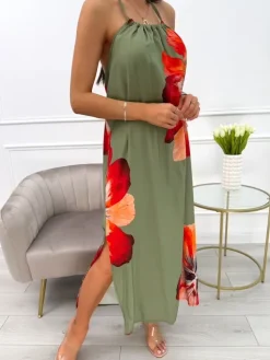 Khaki Letnia Sukienka z Motywem Kwiatowym 13993-353-D|Modna Kiecka Online