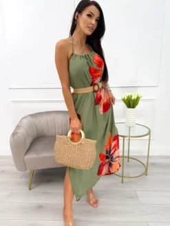 Khaki Letnia Sukienka z Motywem Kwiatowym 13993-353-D|Modna Kiecka Online
