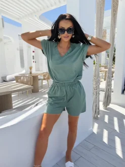 Khaki Lniany Komplet  13902-414-B|Modna Kiecka Outlet