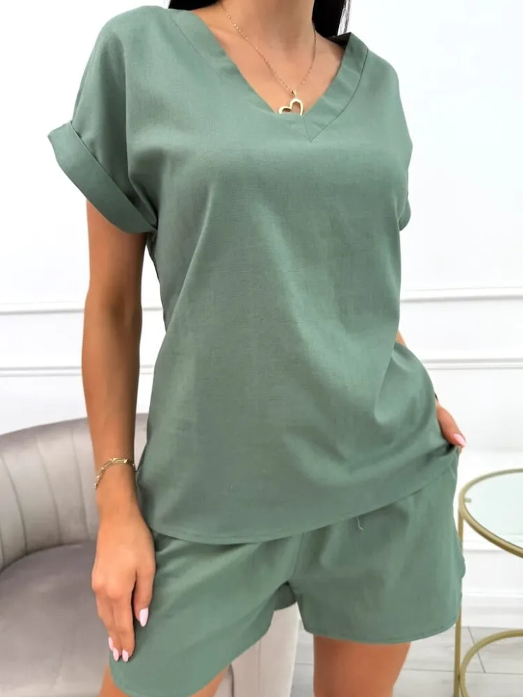 Khaki Lniany Komplet 13902-414-B|Modna Kiecka Outlet