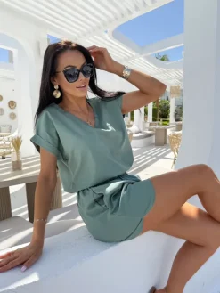 Khaki Lniany Komplet 13902-414-B|Modna Kiecka Outlet
