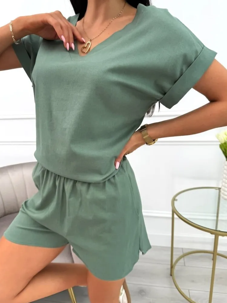 Khaki Lniany Komplet 13902-414-B|Modna Kiecka Outlet