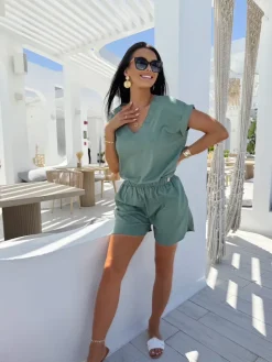 Khaki Lniany Komplet 13902-414-B|Modna Kiecka Outlet