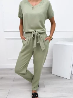 Khaki Lniany Komplet 12275-172-E|Modna Kiecka Best