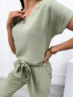 Khaki Lniany Komplet 12275-172-E|Modna Kiecka Best