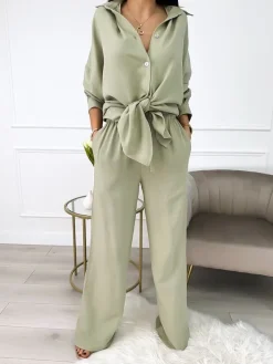 Khaki Luźny Komplet Koszula+Spodnie 10036-205-D|Modna Kiecka Best