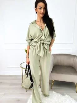Khaki Luźny Komplet Koszula+Spodnie 10036-205-D|Modna Kiecka Best