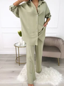 Khaki Luźny Komplet Koszula+Spodnie 10036-205-D|Modna Kiecka Best