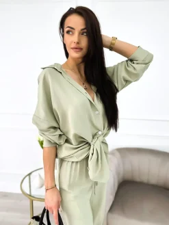 Khaki Luźny Komplet Koszula+Spodnie 10036-205-D|Modna Kiecka Best