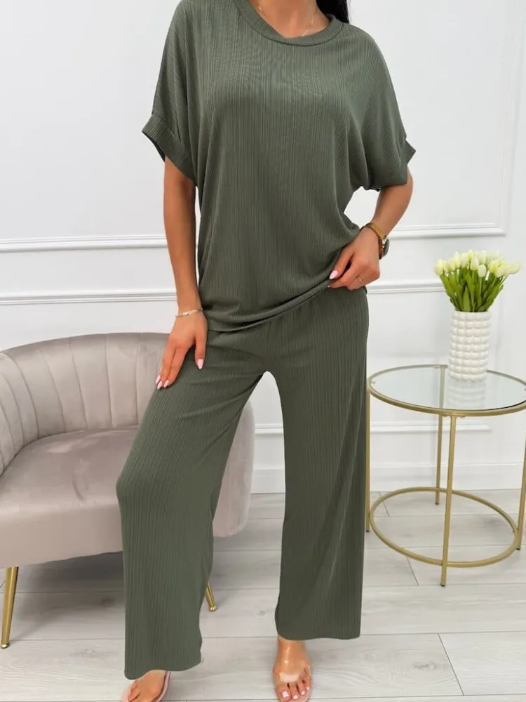 Khaki Prążkowany Komplet 13864-513-C|Modna Kiecka Best
