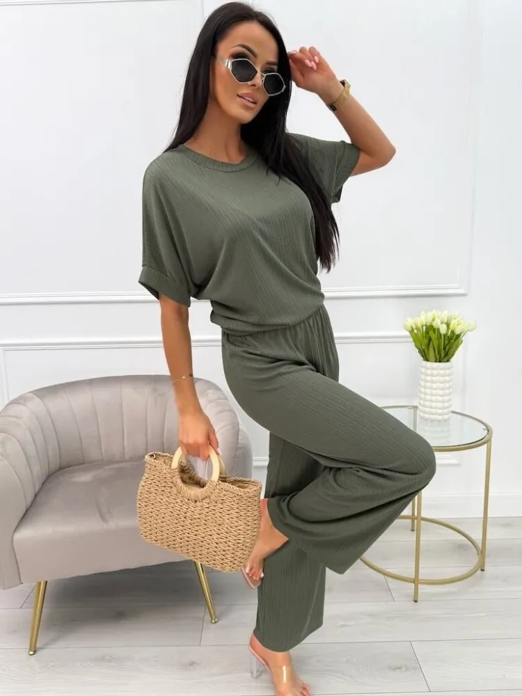 Khaki Prążkowany Komplet 13864-513-C|Modna Kiecka Best