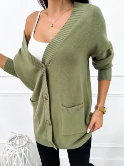 Khaki Rozpinany Sweter z Kieszonkami 12635-140-F|Modna Kiecka Discount