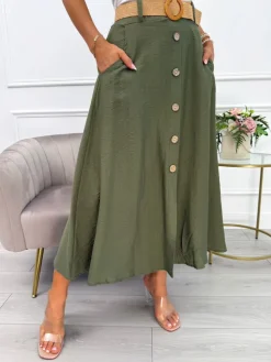 Khaki Spódnica z Paskiem  14081-511-B|Modna Kiecka Best
