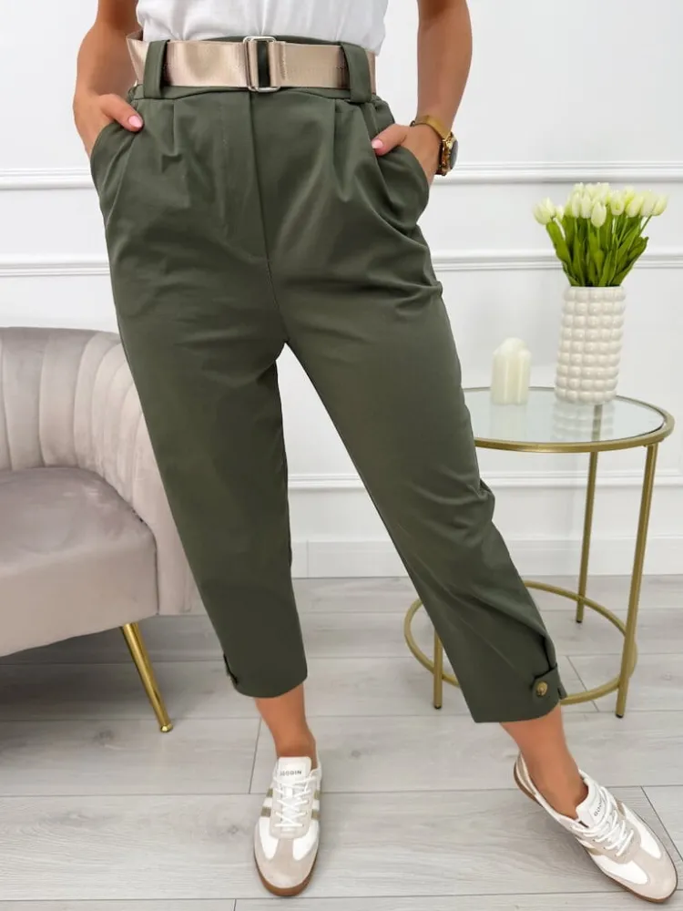 Khaki Spodnie z Paskiem i Kieszeniami 13664-530-E|Modna Kiecka Fashion