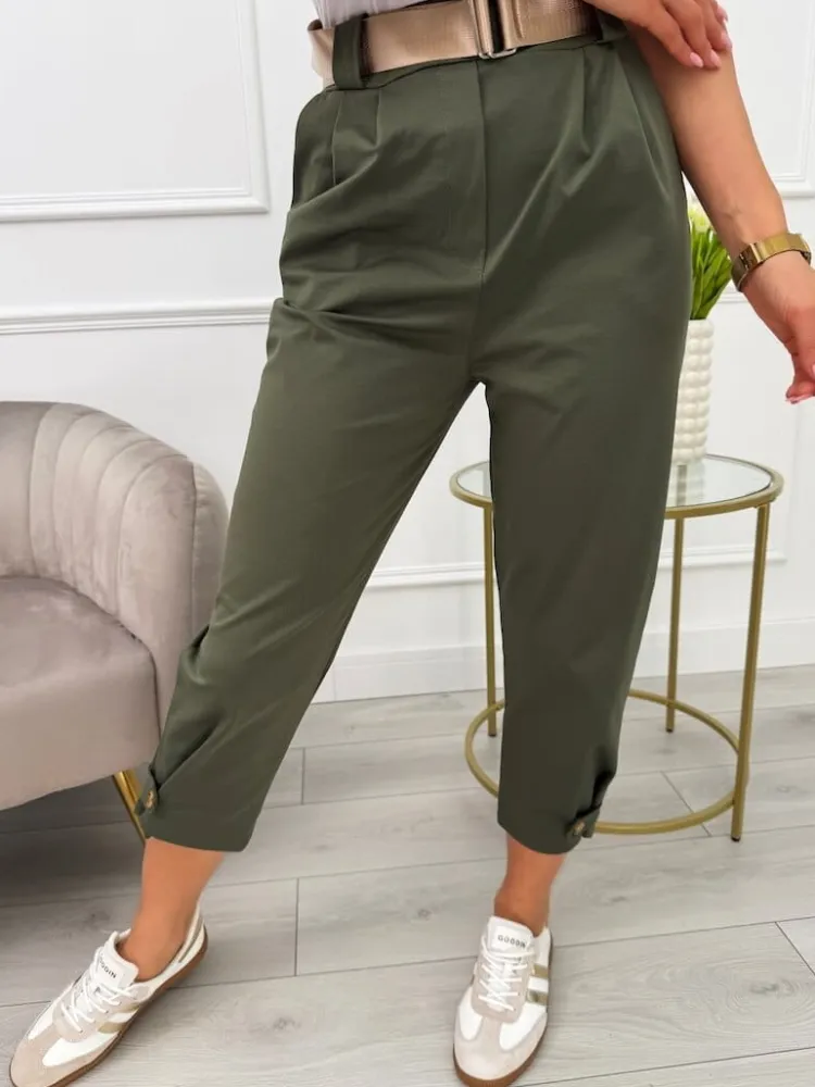 Khaki Spodnie z Paskiem i Kieszeniami 13664-530-E|Modna Kiecka Fashion