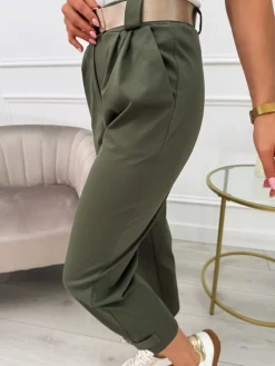 Khaki Spodnie z Paskiem i Kieszeniami 13664-530-E|Modna Kiecka Fashion
