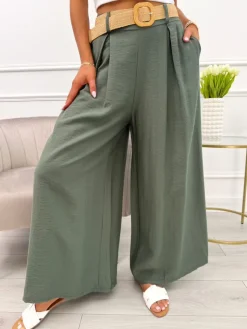 Khaki Spodnie z Szeroką Nogawką i Paskiem 13936-407-B|Modna Kiecka Outlet