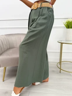 Khaki Spodnie z Szeroką Nogawką i Paskiem 13936-407-B|Modna Kiecka Outlet